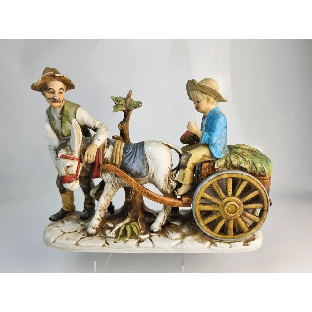 Vintage Set of 2 Donkey Cart Figurines Man Boy Far Donkey Scene‎ Rustic See Desc